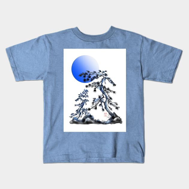 Two sumiE ink and watercolor japanese pines with a blue moon Kids T-Shirt by cuisinecat